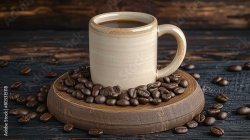 A cup of coffee on a wooden table surrounded by coffee beans