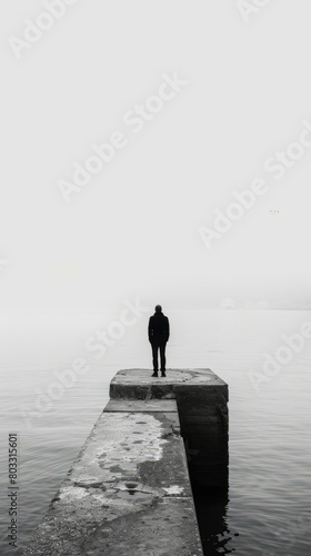 Man standing alone on a pier looking out at the sea