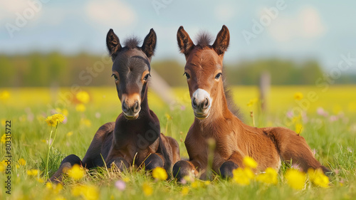 Two little baby colt sitting on the grass. Animals photography 