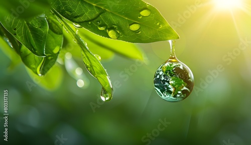 drop of water hanging from the leaf with earth inside, green background, environmental protection, sustainability, ecology and environment day concept