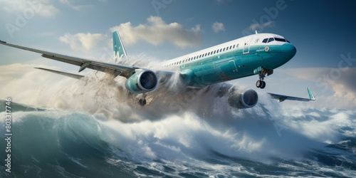 airplane flying over the sea with big waves