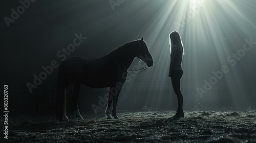 Majestic silhouette of one woman and horse under dramatic moonlit sky, evoking themes of companionship and tranquility in nature. Copy space.