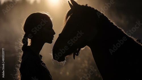 Majestic silhouette of one person and horse at sunset, depicting companionship and trust in nature; warm tones evoke calmness and connection.
