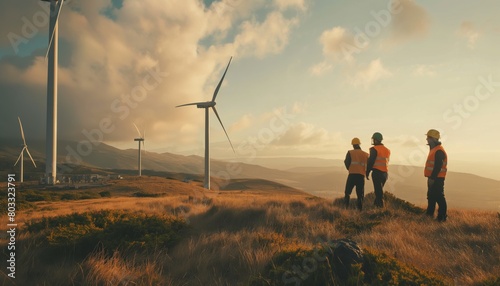 Wind farm workers or engineers looking at turbines, autumn hills, yellow grass sunset