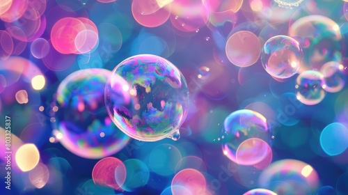 An iridescent air bubble on a background with a gradient. A lot of bubbles are flying in a chaotic manner.