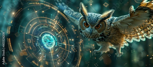 Majestic Owl in Holographic Symbiosis A Digital Art Merging Nature and Technology in a Cinematic Style Inspired by Science Fiction