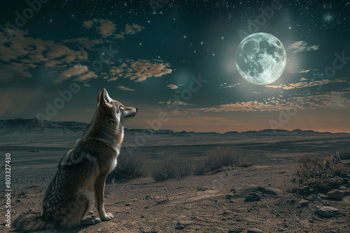 A solitary coyote gazing at the full moon in the middle of a vast desert landscape.