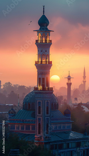 Vertical recreation of minaret of a mosque with the sundown