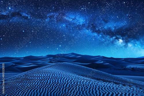 A starry night sky over a serene desert landscape, with sand dunes stretching to the horizon.