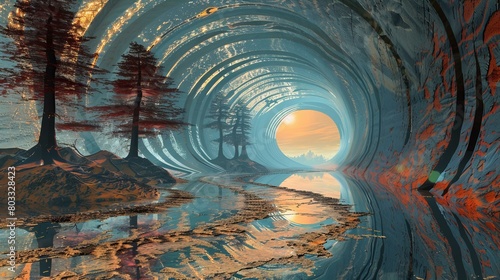 Surreal landscape with a river flowing through a tunnel