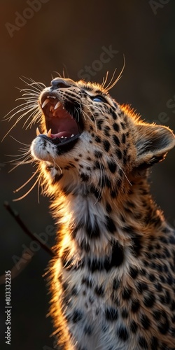 A young leopard roars in the golden light