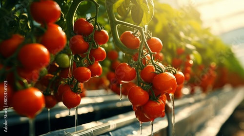 Close-up of ripe tomatoes growing in a greenhouse