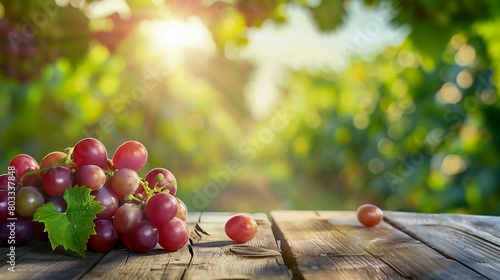 Ripe grapes on wooden table in vineyard with sun flare. Generative AI.