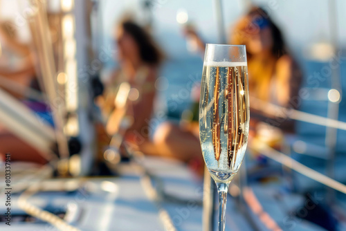 Group of friends having fun together and drinking champagne while sailing in the sea on luxury yacht, Traveling and yachting concept. Champagne focus, background blurred