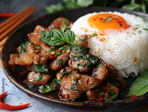 Pad kra pao with fried egg and rice