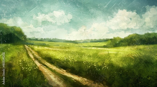 Artful painting-style illustration of a rural countryside landscape, featuring a green grass pasture and a country road on a sunny day