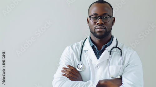 Confident African male doctor standing with arms crossed, wearing a white coat and stethoscope, against a plain background.