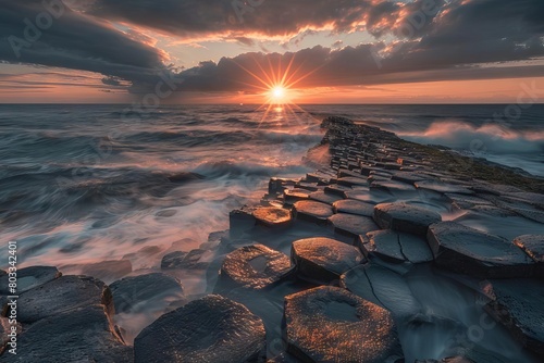 breathtaking sunset over the iconic basalt columns of giants causeway in northern ireland landscape photography