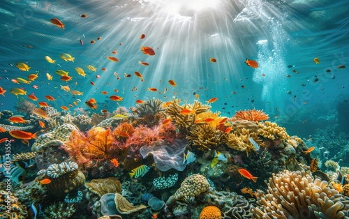 Sunbeams illuminate a vibrant underwater coral reef teeming with colorful fish.