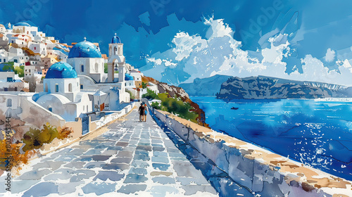 A picturesque watercolor painting of a couple walking down a traditional cobblestone pathway in Santorini, with stunning sea views and blue domes.
