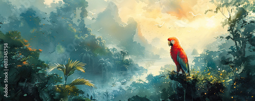 Lush tropical jungle scene in watercolor featuring a vivid red parrot perched overlooking a serene river and misty mountains.