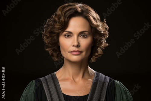portrait of a beautiful woman with short brown hair wearing a black dress with a white collar
