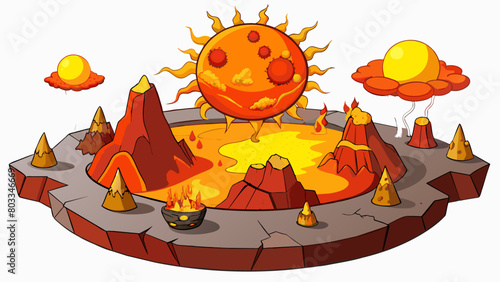 A fiery red world with a scorching sun and billowing volcanoes. The ground is rocky and cracked with pools of molten lava and sulfurous gas.. Cartoon Vector