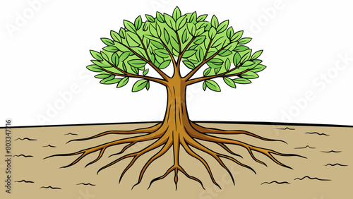 A lone tree on a wide open plain its roots firmly planted in the ground and branches stretching towards the sky. It stands tall and strong independent. Cartoon Vector