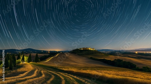 Starry Night Over Tuscan Hills with Clear Star Trails and Illuminated Villa