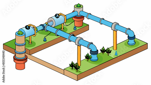 An irrigation system is a od of supplying water to crops through a series of pipes valves and sprinklers. These objects work together to ensure that. Cartoon Vector