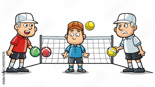 A referee stands on the sidelines watching closely as two players engage in a competitive game of tennis. Each player has a set of three bouncing. Cartoon Vector