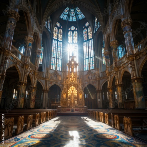Ornate church interior with stained glass windows