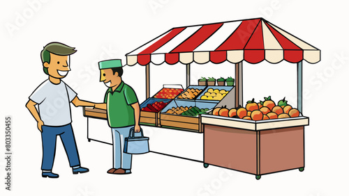 At a busy street market a shopper intently looks at each item on display carefully examining its quality price and suitability. They are fully. Cartoon Vector