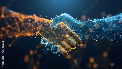 Virtual handshake hologram symbolizes trust in blockchain transactions between two parties . Concept Blockchain transactions, Virtual handshake, Trust symbol, Hologram, Parties