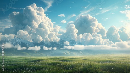 A beautiful landscape with a large field of grass under a blue sky with clouds