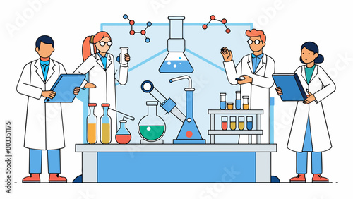 Characteristics lab setting workers in white coats table with labeled vials and beakers microscope shaking and observation process.. Cartoon Vector