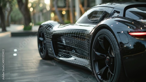 The prompt is:.."matte black futuristic sports car with a geometric pattern on the body"