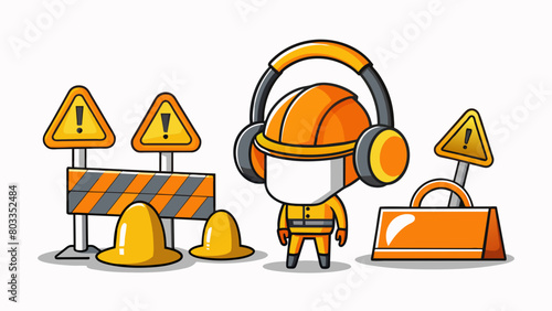 The construction site had signs displaying a variety of hearing protection options including thick orange ear defenders with a hard plastic exterior. Cartoon Vector