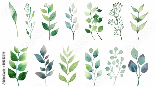Collection of Watercolor Painted Leaves and Branches on a Plain Background