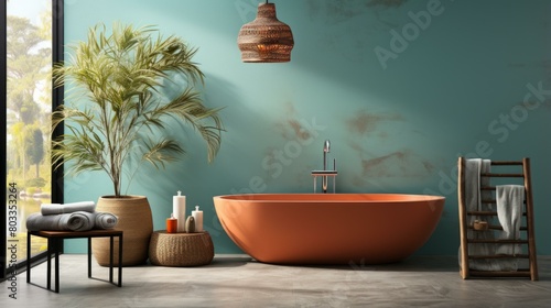 A bathroom with a large orange bathtub, a palm tree, and a woven pendant light