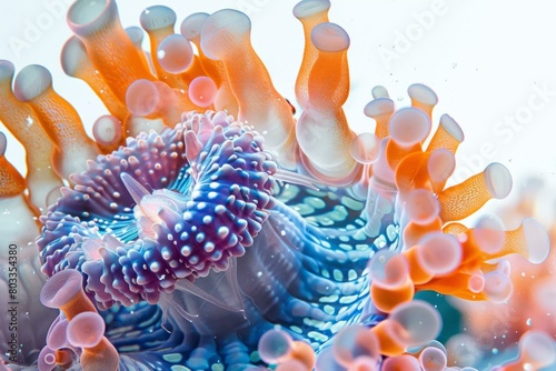 Underwater close up of a purple and orange anemone