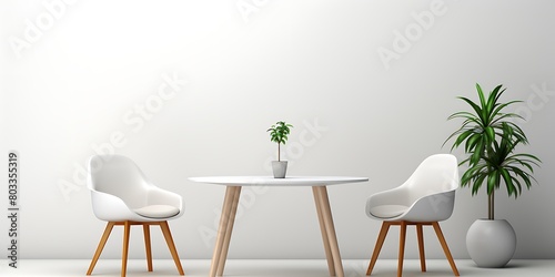 Modern white interior with wooden table, chairs and plants. Vector illustration.