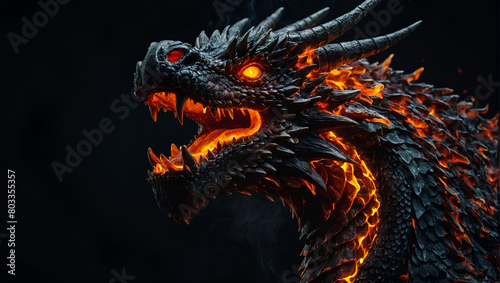 The image shows a black dragon's head with glowing red 