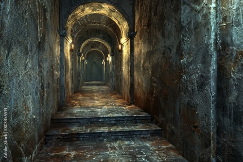 Gloomy dungeon corridor with stone walls and arched openings