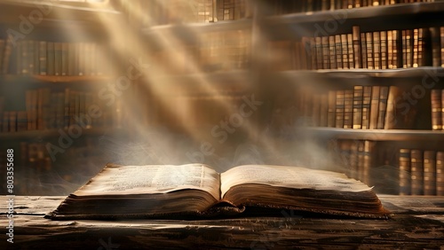 Ancient spellbook in dusty library filled with arcane incantations of bygone era. Concept Magic and Spells, Ancient Knowledge, Dusty Library, Mysterious Dark Arts