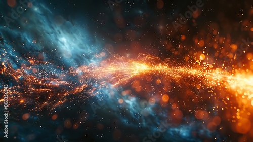 Illustrate a scene of quantum chaos with subatomic particles hurtling through space at high velocities, depicted with sharp, bright lines against a muted background.