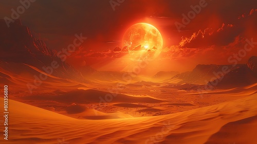 Illustrate an otherworldly desert with shifting sand dunes under a dual sun, creating intense shadows and dramatic atmospheric effects.