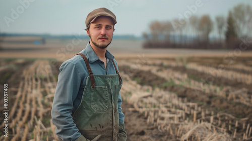 A young farmer in overalls and a cap stands in a plowed field, looking confidently at the camera.