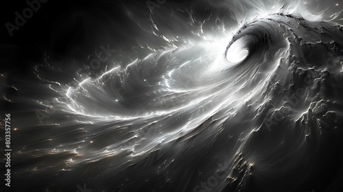 Illustrate the warped space around a black hole, using a palette of dark and light contrasts to highlight the surreal bending of light.