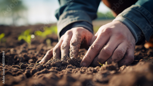 Close-up shot of farmers hand planting seeds at a farm ideal for spring or fall sowing season. 